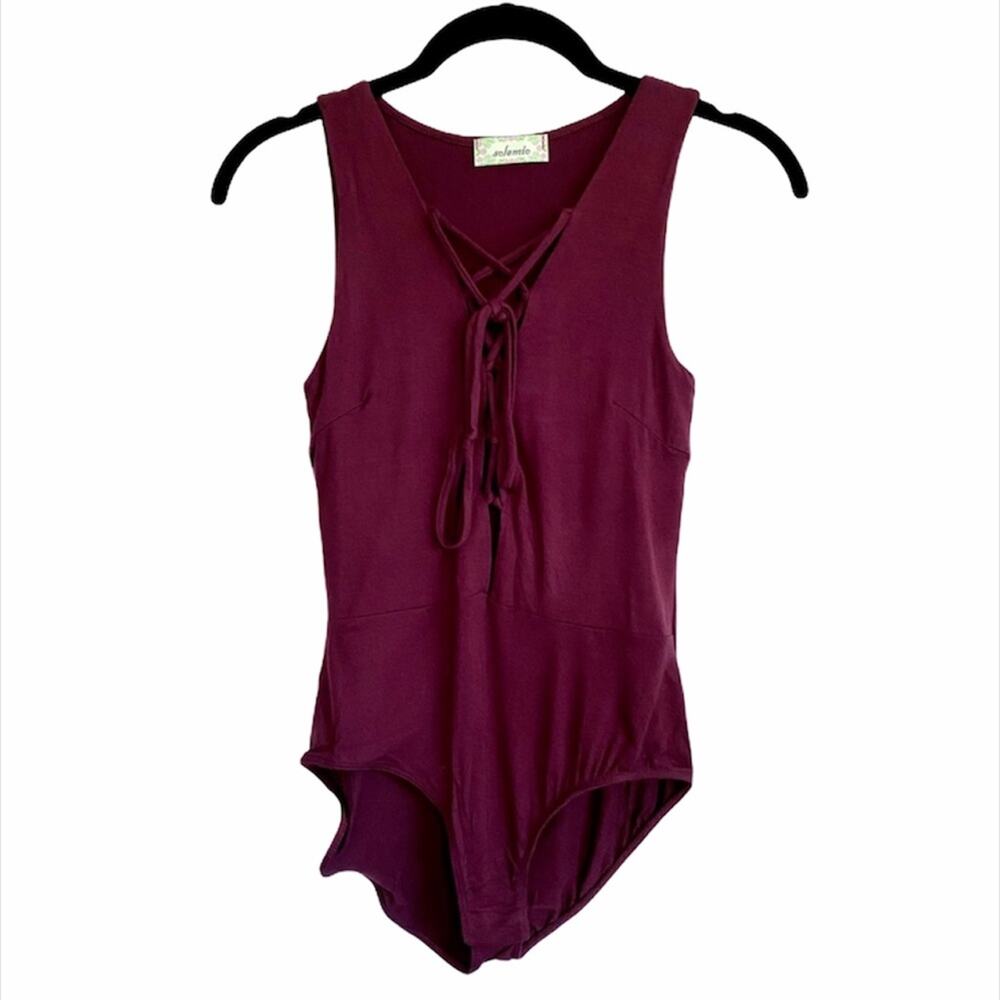 Solemio Maroon Lace Up Snap Bottom Bodysuit Size Small